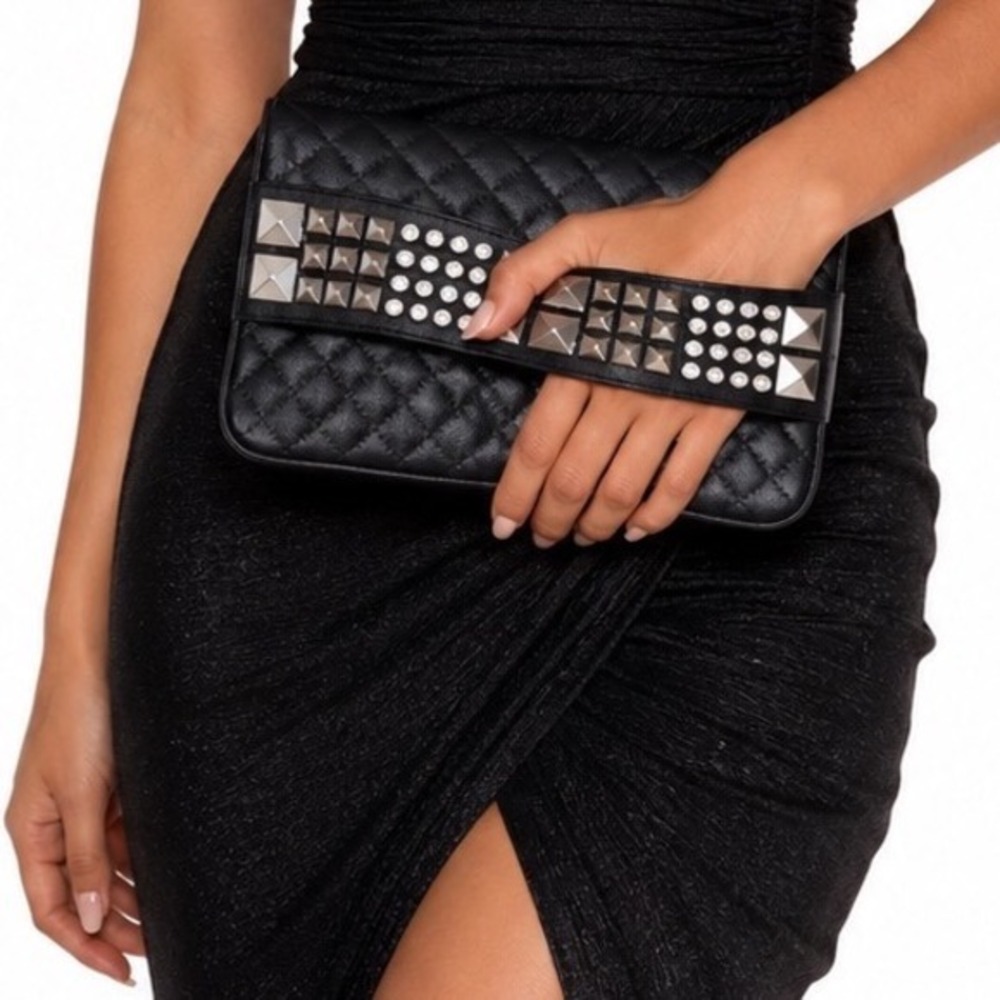 Lionel Black Quilted Studded Rhinestone Foldover Clutch Hand Strap Edgy 25-09